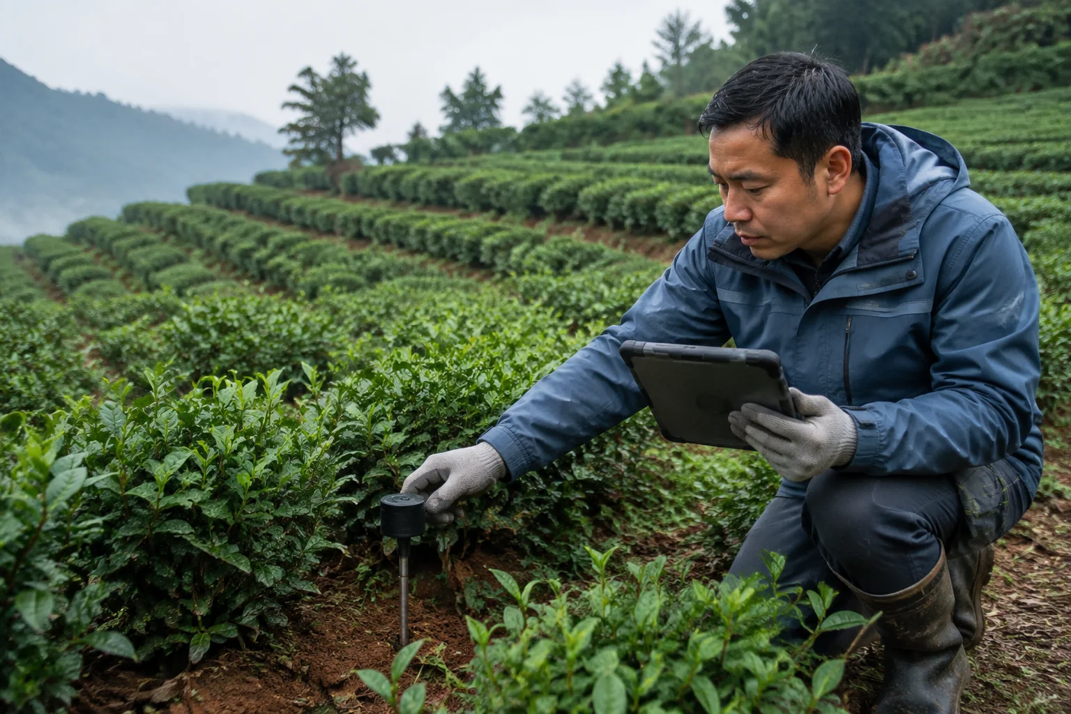 技术人员在茶园进行现场数据采集
