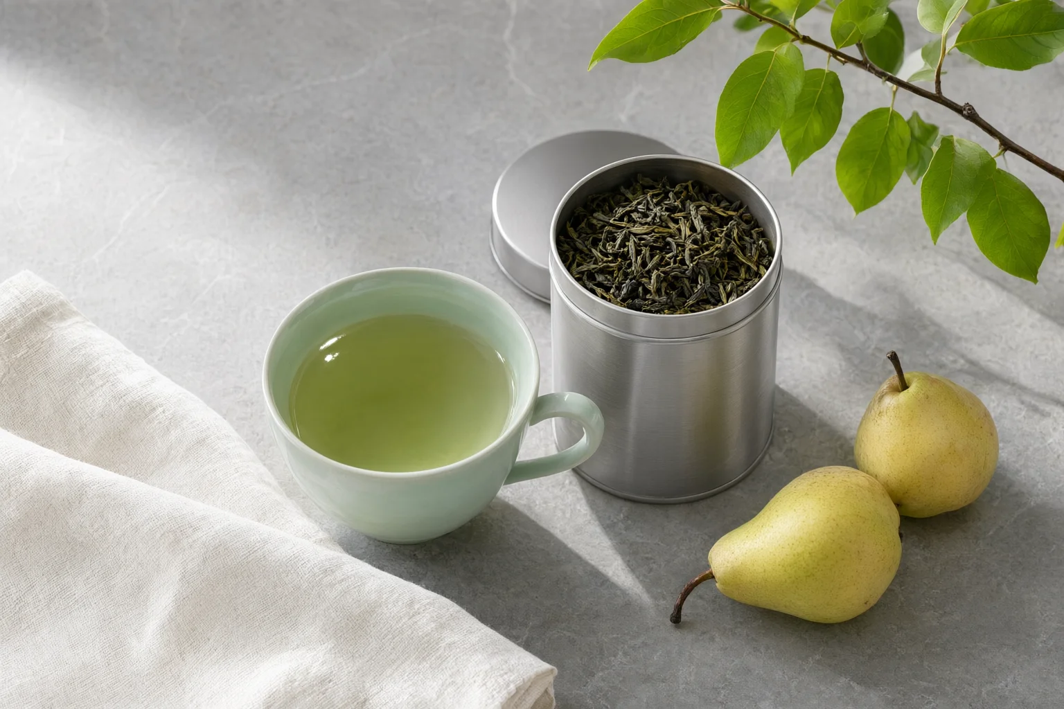阳光下的茶叶、瓷杯与鲜梨静物